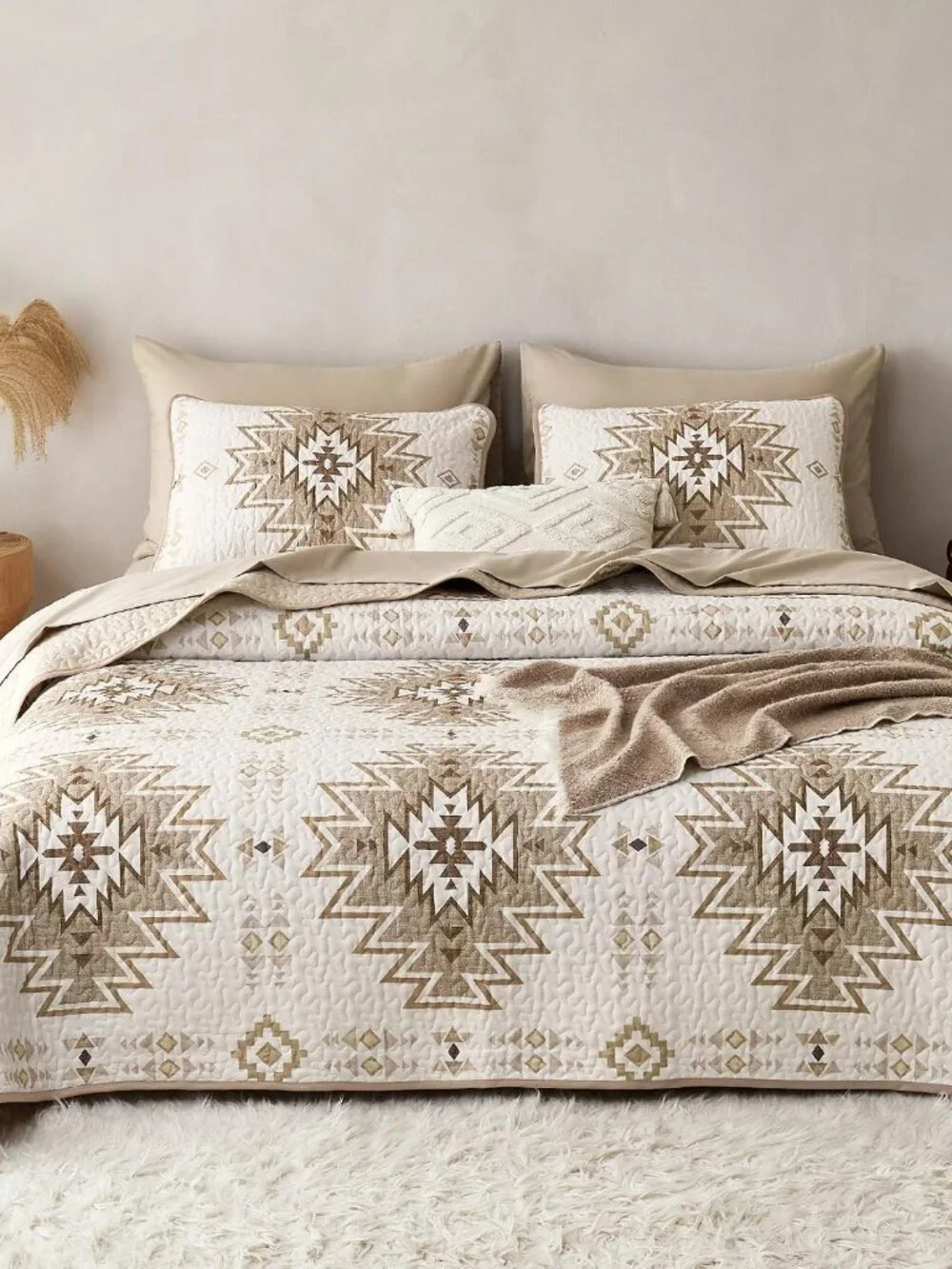 Southwestern Beige Aztec Farmhouse Quilt Set